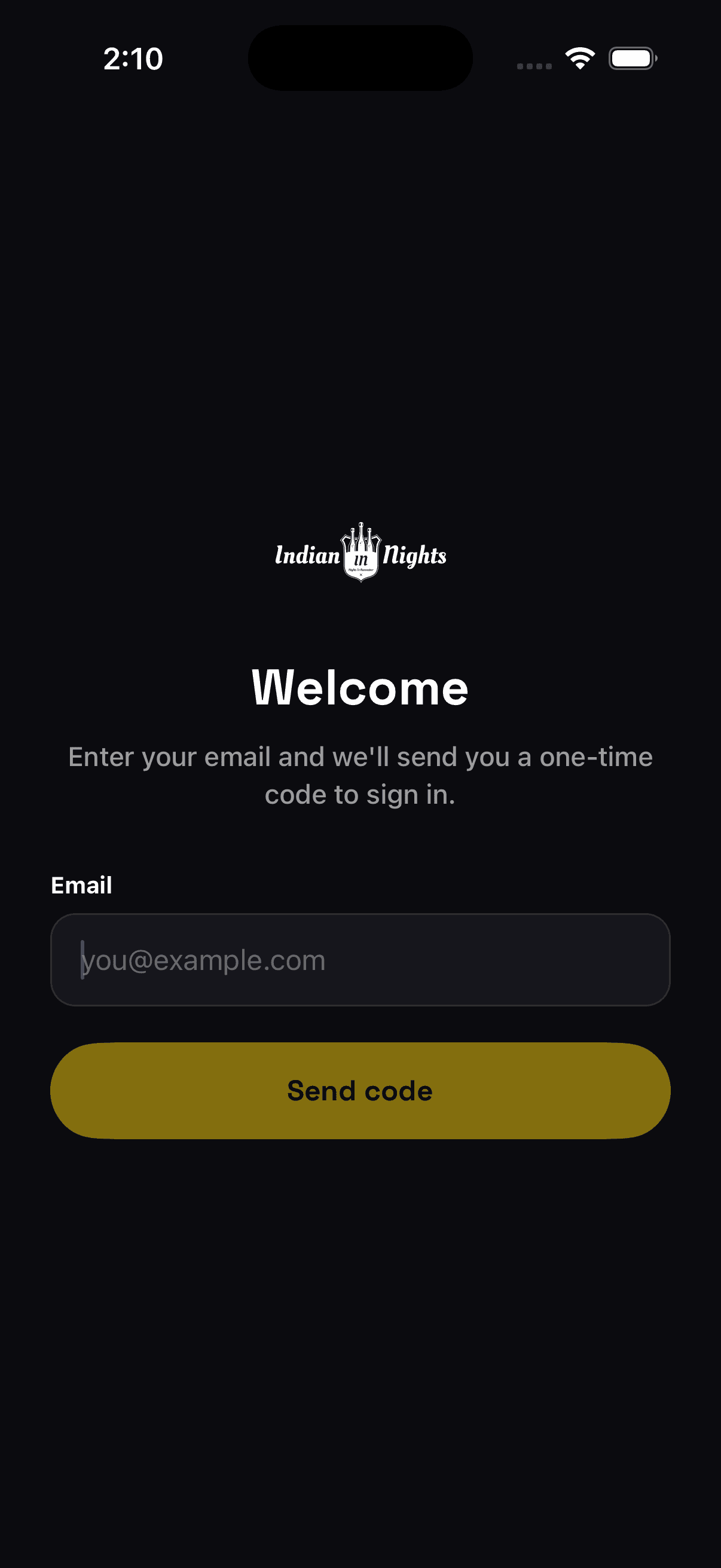 Indian Nights sign-in screen